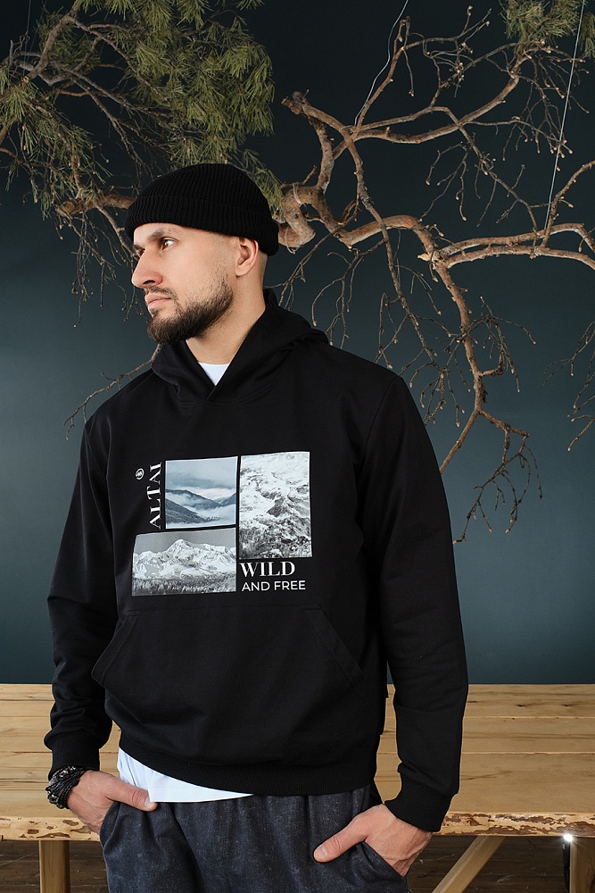 Худи из футера  Altai Черный/Горы чб_18720