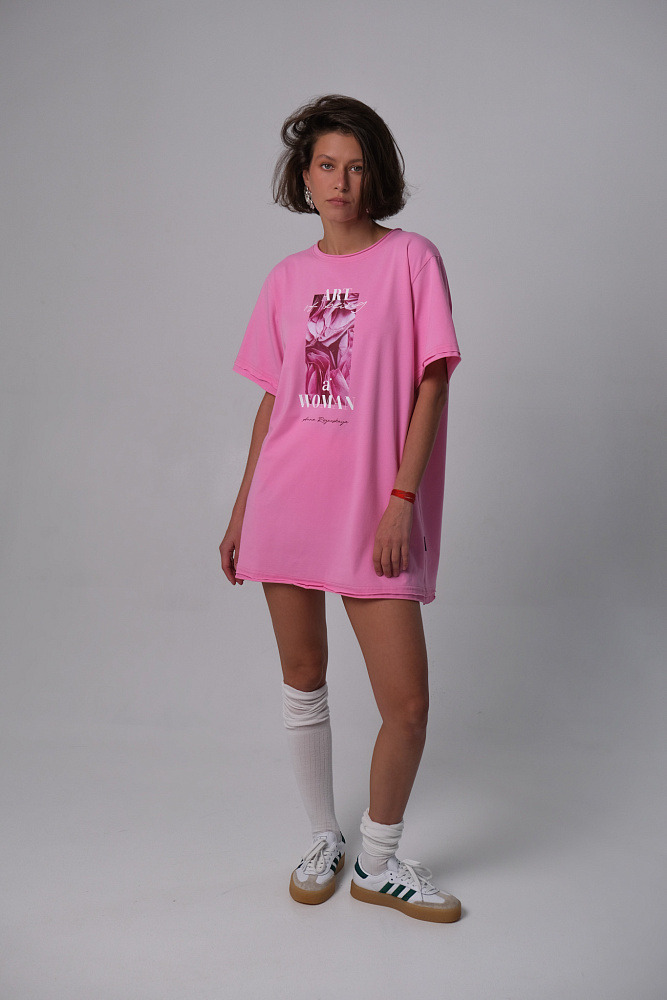 Футболка оверсайз удлиненная Flowers Розовый_10226
