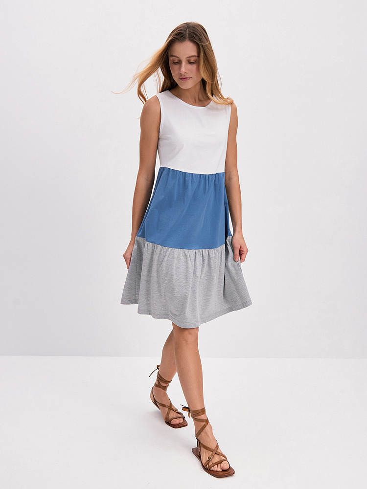 Платье из хлопка Color blocks Белый/Индиго/Серый меланж_14543