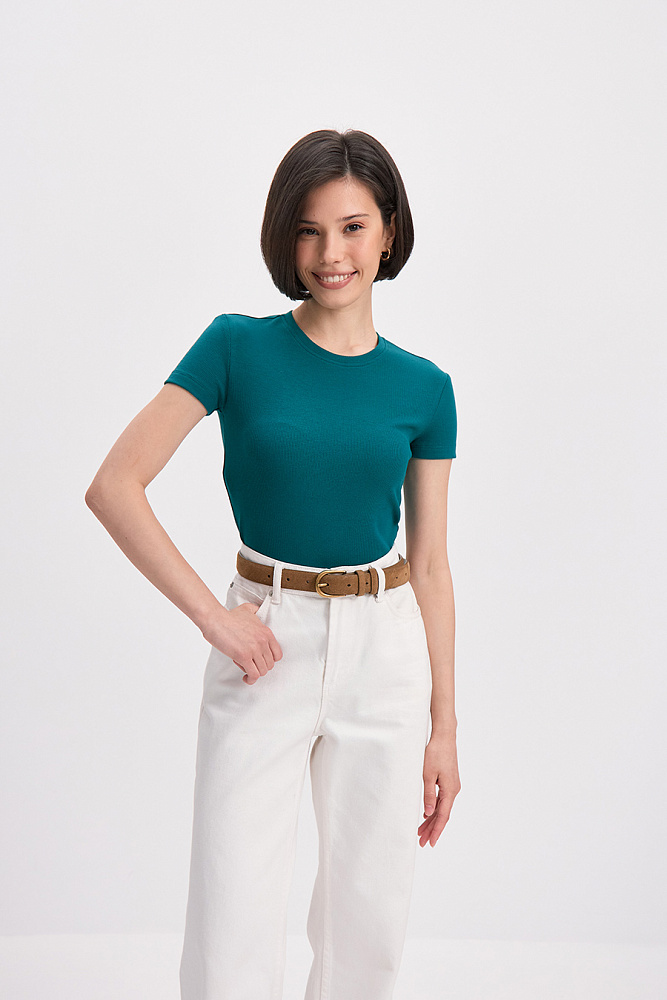 Футболка трикотажная в рубчик Basic Зеленый сапфир_15637
