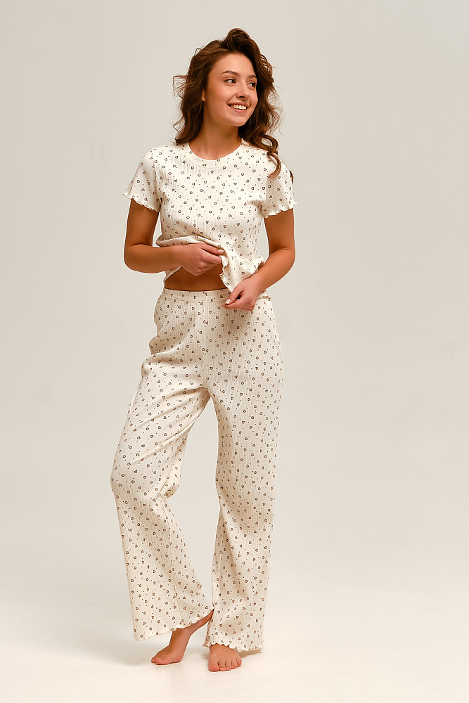 Брюки трикотажные в рубчик Flat White Молочный в сердце_13261