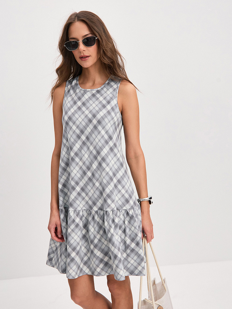 Сарафан с вырезом по спинке из хлопка Kira Клетка/Серый_14863