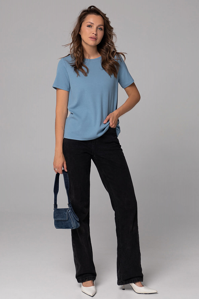 Дымчато-голубая футболка базовая в рубчик хлопок Basic_6470