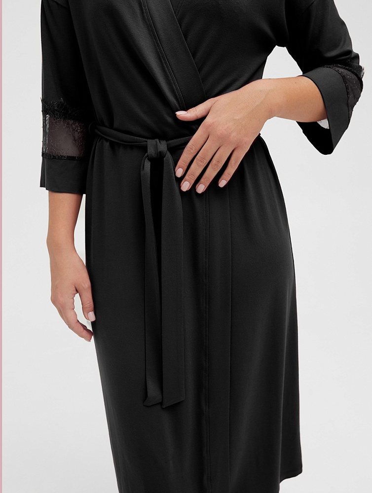 Халат из вискозы с кружевом Lili Черный_16596