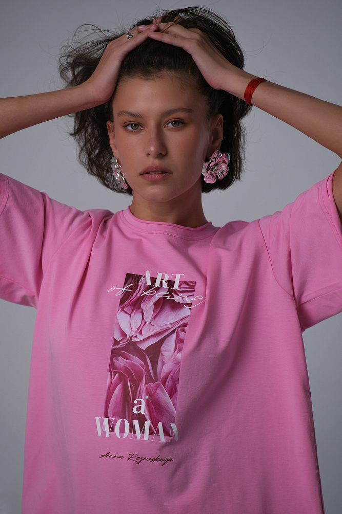 Футболка оверсайз удлиненная Flowers Розовый_10223