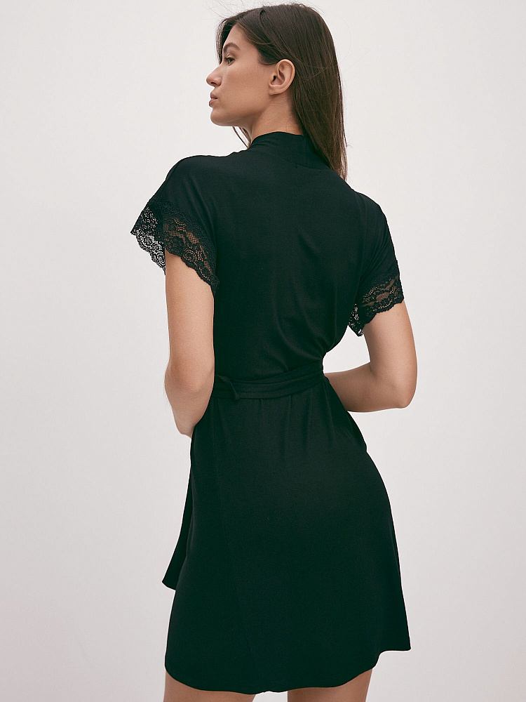 Халат из вискозы с кружевом Natali Черный_12063