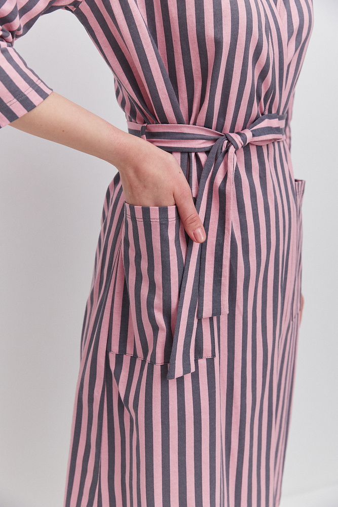 Халат из хлопка с поясом Cozy time Полоска на розовом_11290