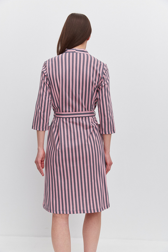 Халат из хлопка с поясом Cozy time Полоска на розовом_11291