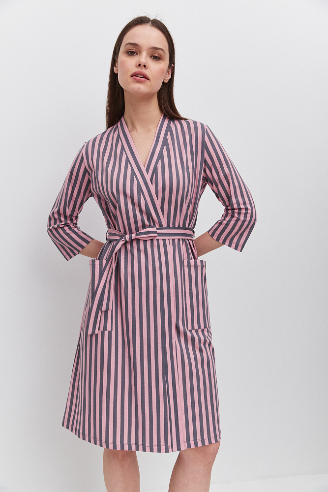 Халат из хлопка с поясом Cozy time Полоска на розовом_11288