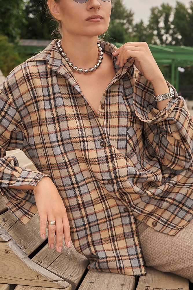 Рубашка в клетку из хлопка City Plus Бежево-коричневая клетка_16430