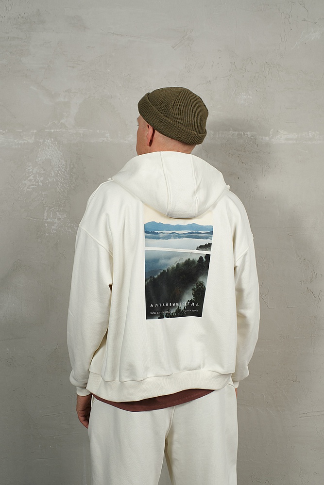 Худи на молнии из футера Путешествие по Алтаю Экрю/Бабырган_19497