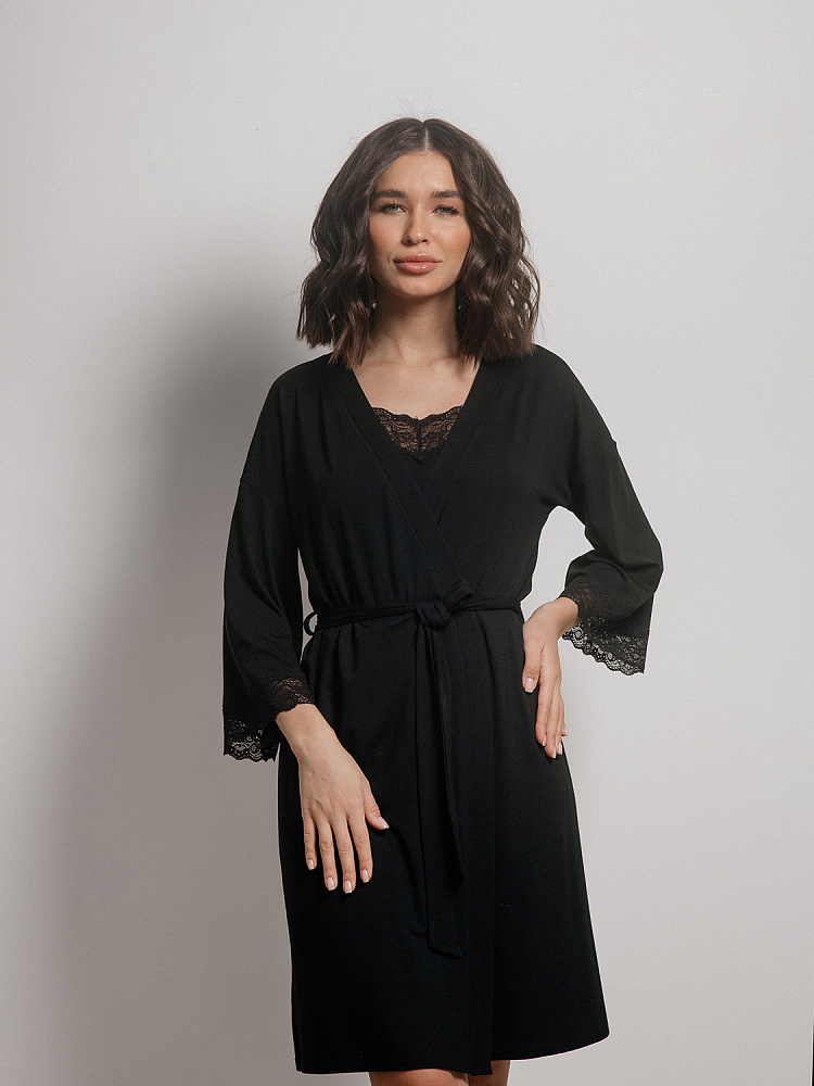 Халат из вискозы с кружевом Sylvia Черный_2627