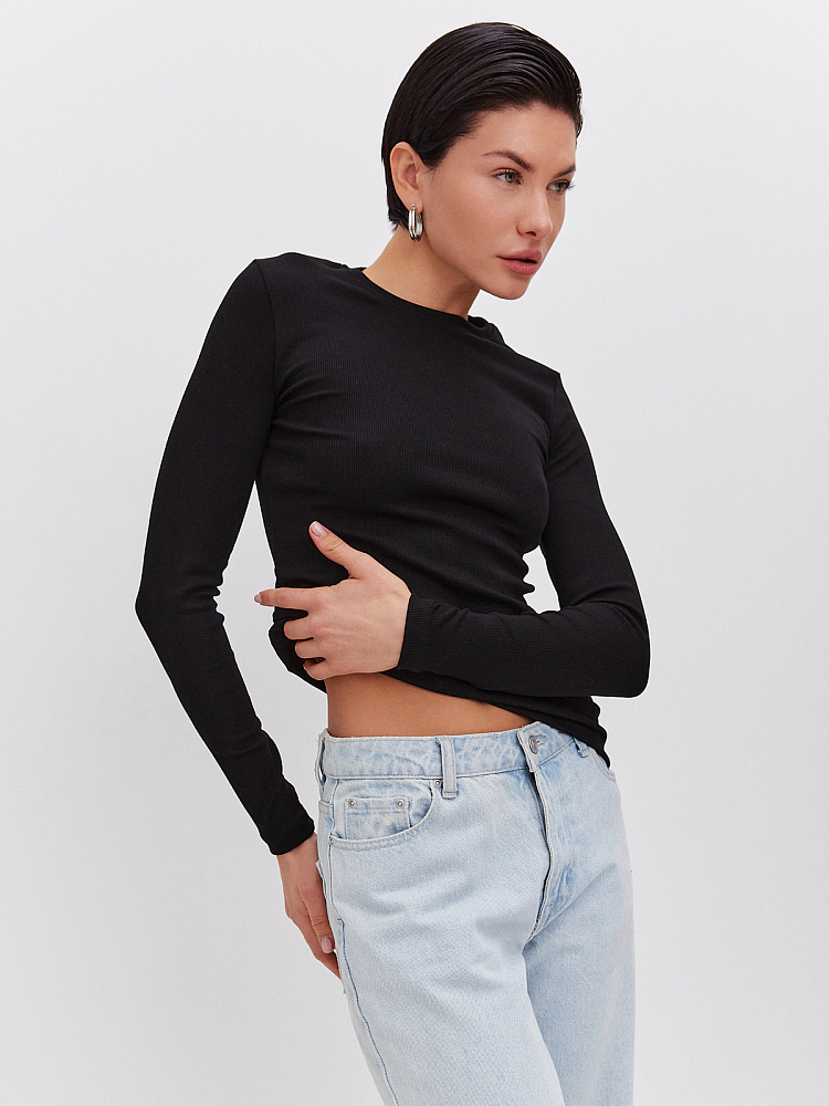 Лонгслив трикотажный в рубчик Basic Черный_10919