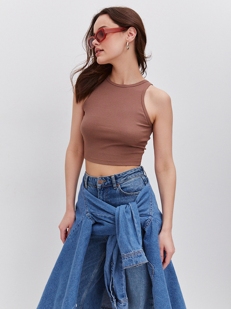 Кроп топ трикотажный в рубчик Basic Капучино_10510