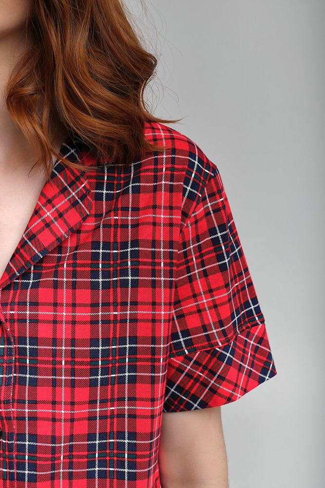 Рубашка из хлопка с коротким руковом красная клетка Slow beauty_8897