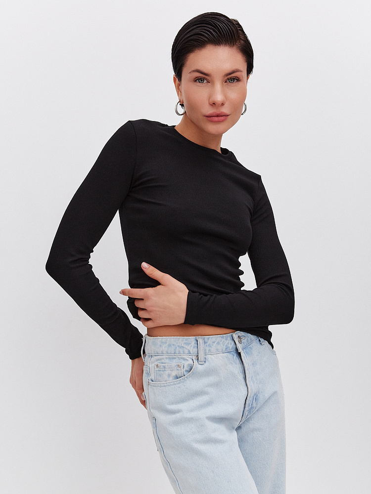 Лонгслив трикотажный в рубчик Basic Черный_10916