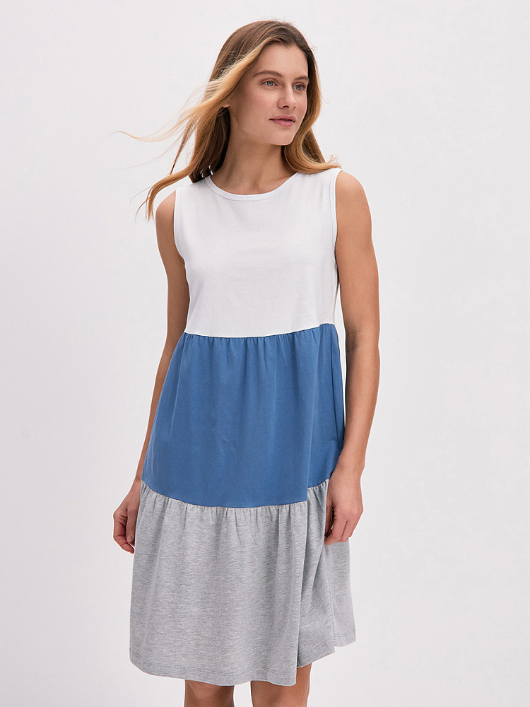 Платье из хлопка Color blocks Белый/Индиго/Серый меланж_14541