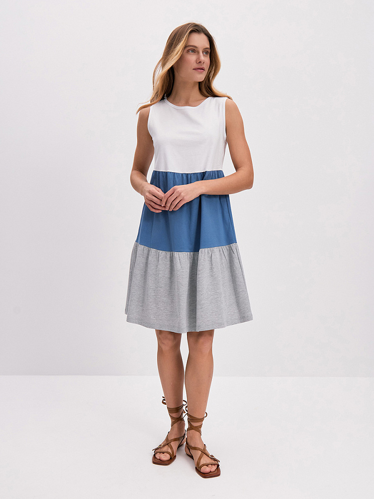 Платье из хлопка Color blocks Белый/Индиго/Серый меланж_14544
