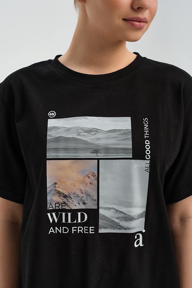 Футболка удлиненная оверсайз с принтом Altai woman Черный/Туман_17853