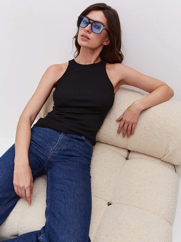 Майка американка черная трикотажная в рубчик Basic_18620