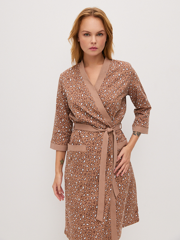 Халат из хлопка с поясом Cozy time Коричневый леопард_11268