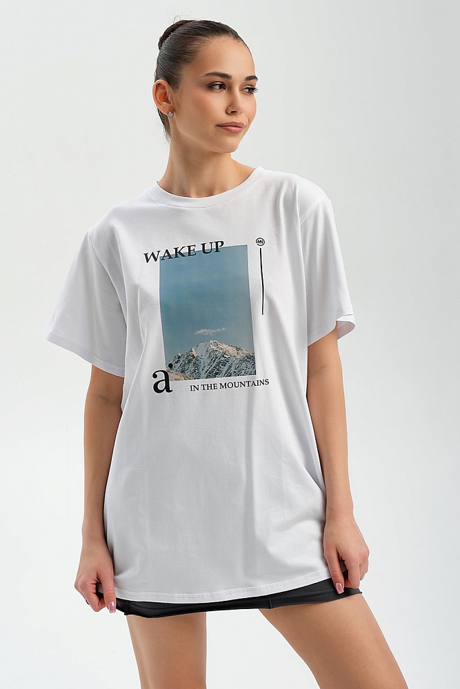 Футболка удлиненная оверсайз с принтом Altai woman Белый/Горы_17868