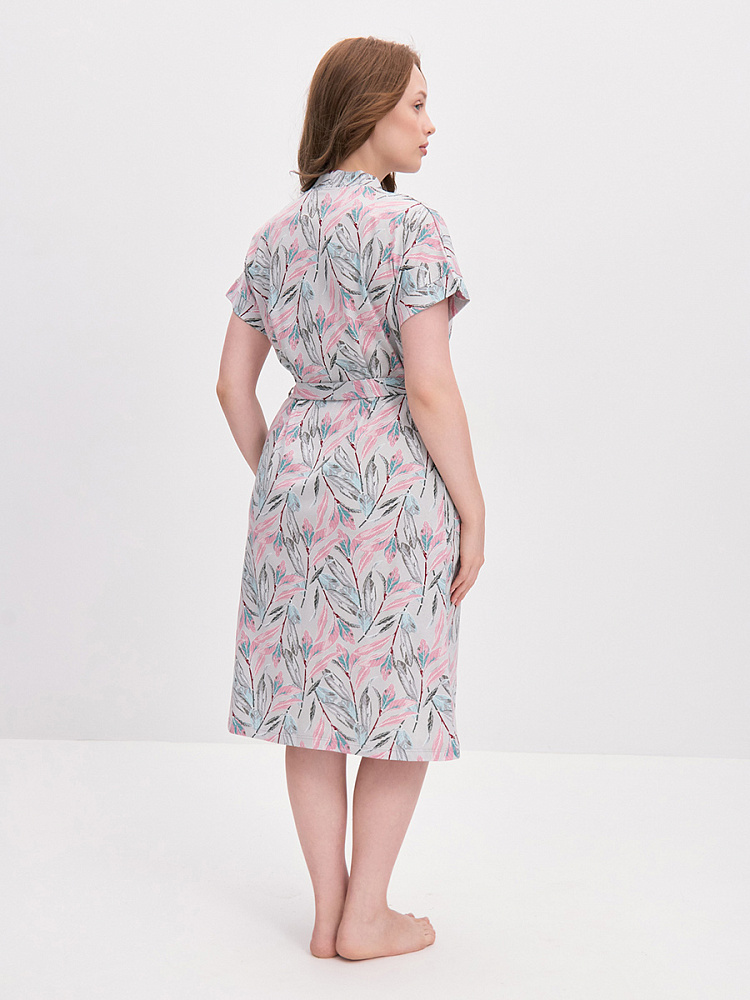 Халат из хлопка с поясом Cozy time Серо-розовые листья_14165